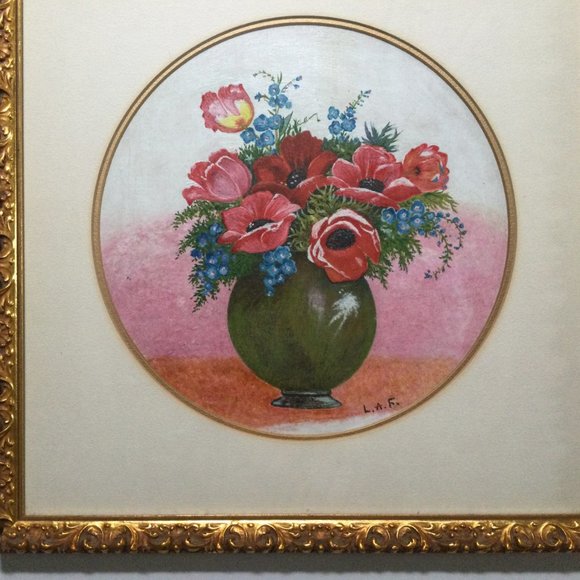 1969 Original painting still life vase and flowers beautiful frame artist L.A.F - Picture 4 of 5